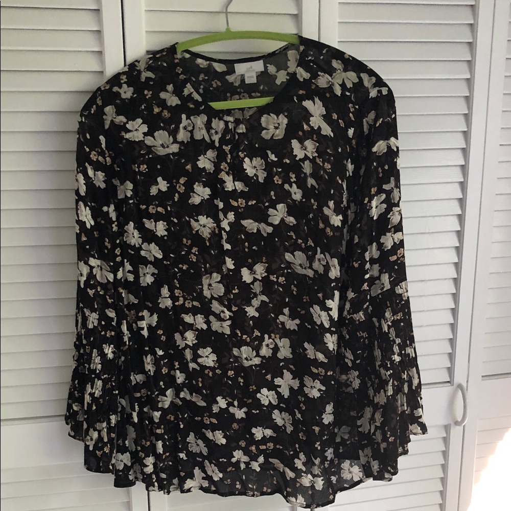 J. Jill Black Floral Peasant Blouse with White Blooms